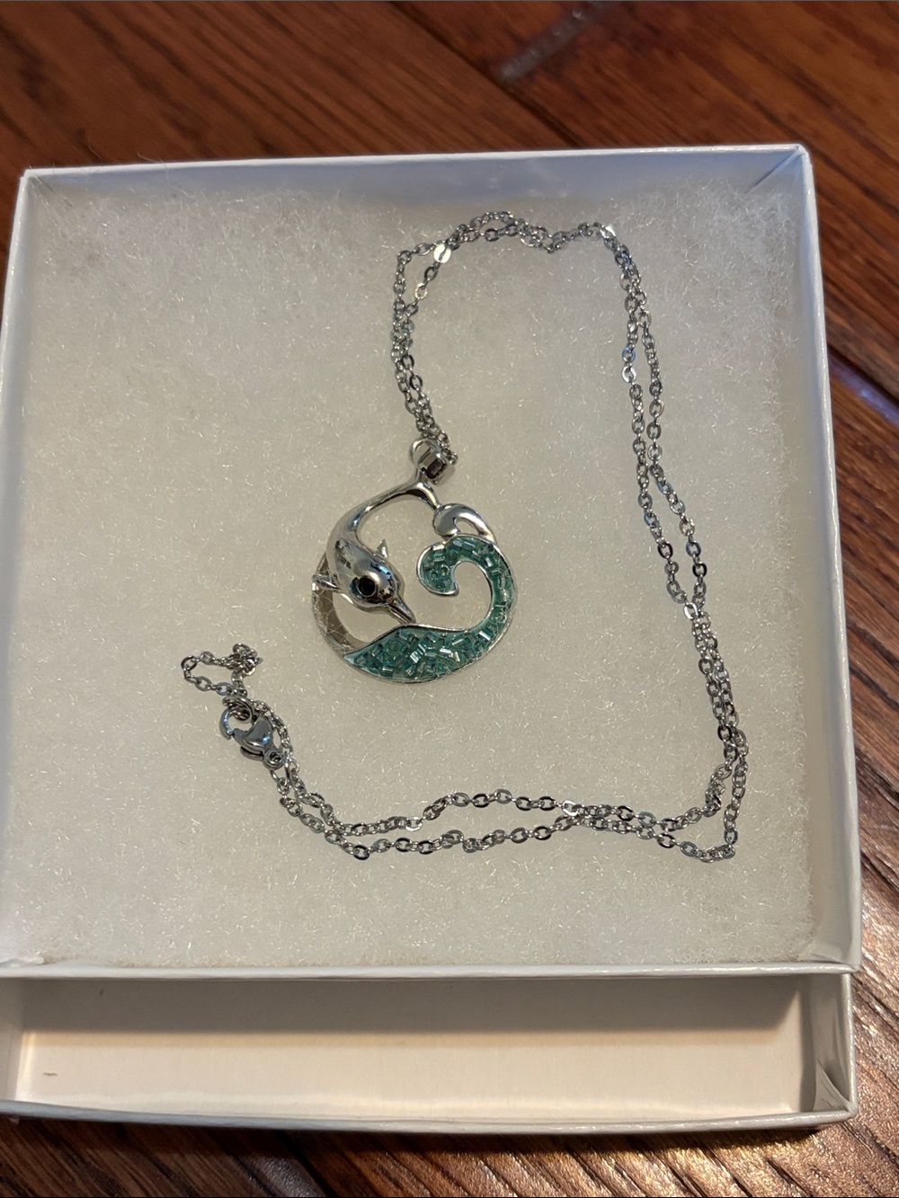Sterling Silver Dolphin with Teal Wave Pendant Necklace with 17” chain